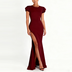 <span class=keywords><strong>Abito</strong></span> Lungo Vintage <span class=keywords><strong>Bordeaux</strong></span> su Misura OEM, Collo Tondo, Maniche Corte Plissettate, Vita Alta con Spacco, per Donna, Autunno Inverno - Product Image 1