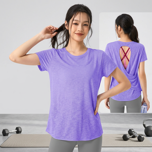 T-shirt de yoga pour femme à dos croisé et découpes, col rond, manches courtes, haut de sport à séchage rapide en tissu fin, pour entraînement et Pilates, OEM ODM - Product Image 1