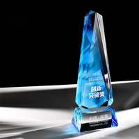 Trophée Plaque en Verre Tour de Cristal Bleu Jaune Transparent Base Montagne Arc-en-ciel MH-J0252