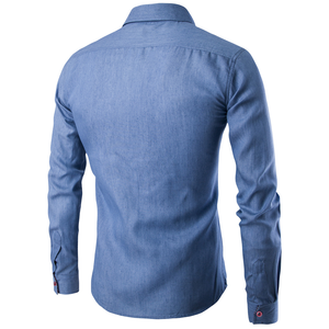 Autunno primavera <span class=keywords><strong>camicia</strong></span> Casual in Denim a maniche lunghe da <span class=keywords><strong>uomo</strong></span> <span class=keywords><strong>di</strong></span> moda taglie forti in cotone con tasca in <span class=keywords><strong>pelle</strong></span> abbinata a abbigliamento Casual - Product Image 3