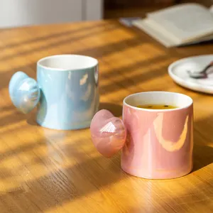Redeco High Quality Creative Heart Shaped Handle Ceramic Mug Pearl Powder Blue White Breakfast Milk Cup Couple Coffee Mug
