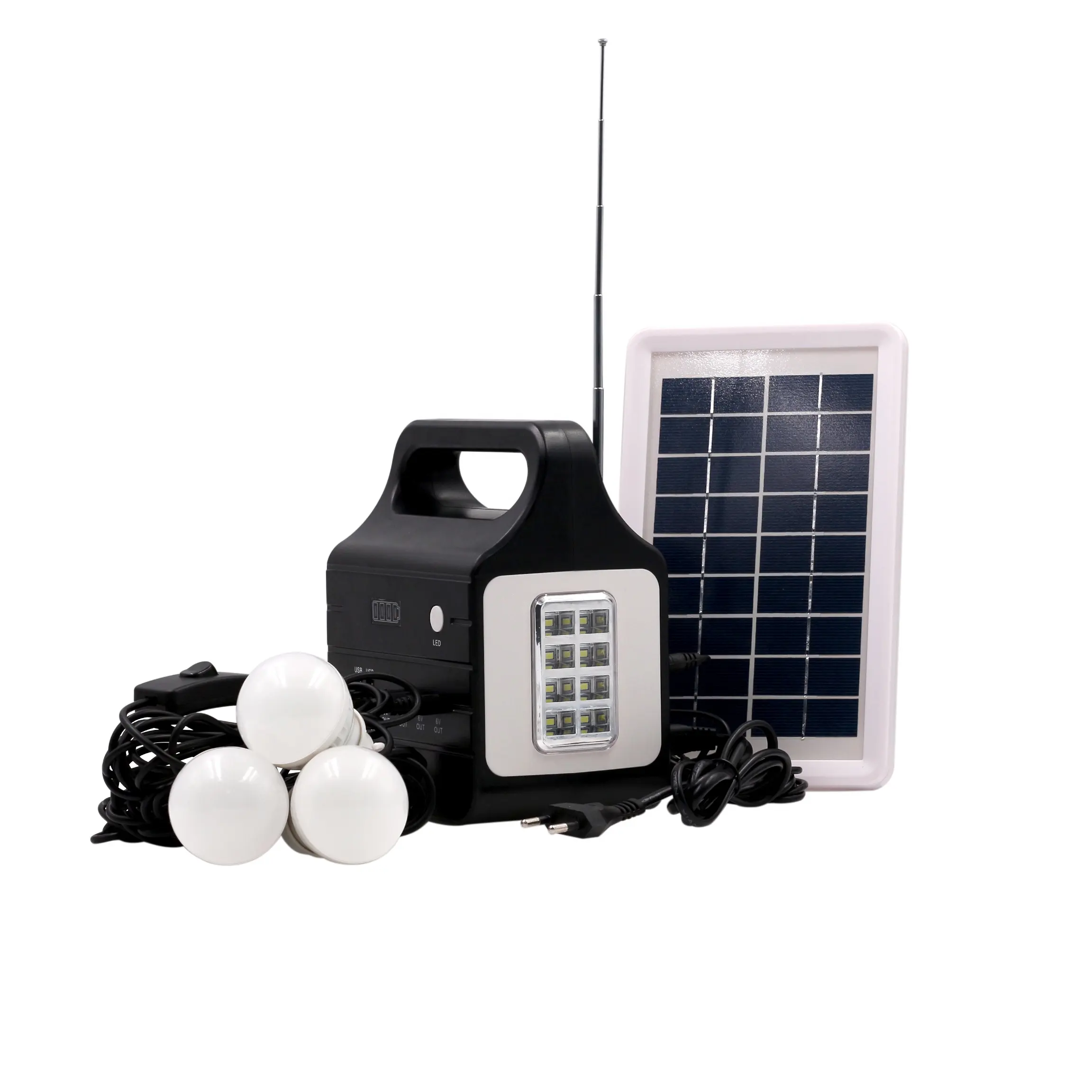 Großhandel beliebt neu Mit 9 V3W Solarmodule 6 V3A USB/FM/Lautsprecher funktion/Mobil/Licht Home Solarmodule System Preis