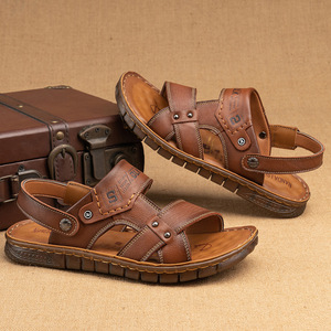 Sandales à brides croisées pour hommes en cuir de vachette première couche, respirantes, semelle extérieure en caoutchouc, décontractées, été, bout ouvert, couleur unie, doublure en cuir - Product Image 2