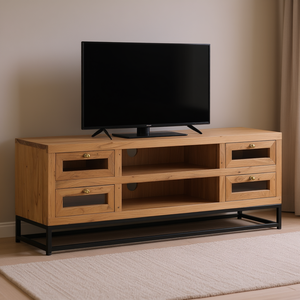 Mobile TV in legno massello di acacia da 65 pollici e oltre, in acciaio verniciato a polvere, stile industriale moderno, per soggiorno - Product Image 2