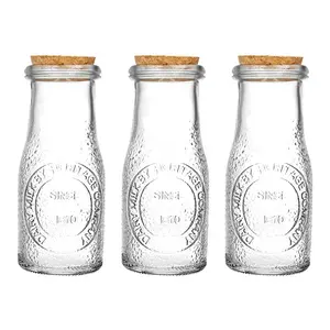 Promotion Country Style Embossing Yogurt Milk Glass Bottle with Cork
