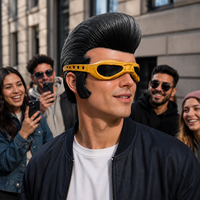 Masque intégral en latex rétro années 50 style rockeur, cheveux pompadour noirs, lunettes dorées, design œil en maille, écologique, réutilisable, pour fête et cosplay