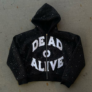 Fabricant de vêtements streetwear 3D automne, poids lourd 500 g/m², coupe ample, noir, logo personnalisé, patch brodé vieilli, entièrement orné de strass, fermeture éclair - Product Image 5