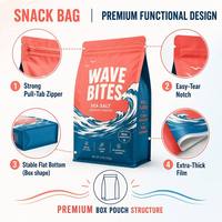 Sachet à fond plat pour snacks, pochette refermable à 8 soudures latérales, 200g 500g, imprimé sur mesure pour noix, biscuits, aliments pour animaux