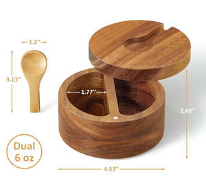 Boîte à sel en bois d'acacia à 2 compartiments multifonctionnelle et écologique de haute qualité avec couvercle et cuillère allant au lave-vaisselle fait à la main - Product Image 4