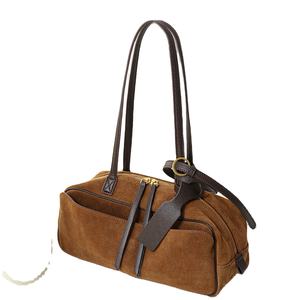 Tas Selempang Wanita Mewah Gaya Vintage Bahan Suede Imitasi Model Bowling dengan Dua Pegangan, Tas Bahu - Product Image 1