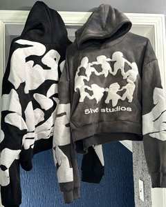 Yingling personnalisé surdimensionné sans cordes 3D bouffée impression Logo bord coupé Applique à capuche recadrée ourlet brut Streetwear à capuche - Product Image 6