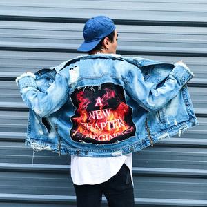 Vestes en jean déchirées personnalisées pour hommes, style hip-hop américain, avec imprimé flamme et fermeture éclair, vente en gros - Product Image 3