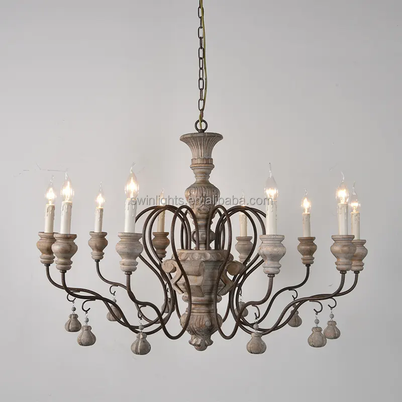French style 10-lights wooden chandelier vintage rustic iron ceiling light