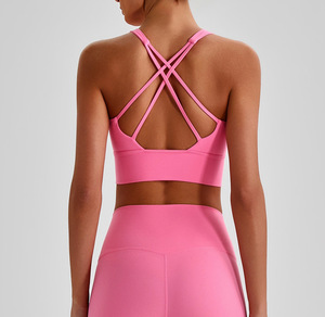 Nouveau soutien-gorge de sport sexy en nylon couleur unie, décolleté bas, dos ouvert, extensible, pour le fitness, avec bretelles croisées, pour femme - Product Image 3