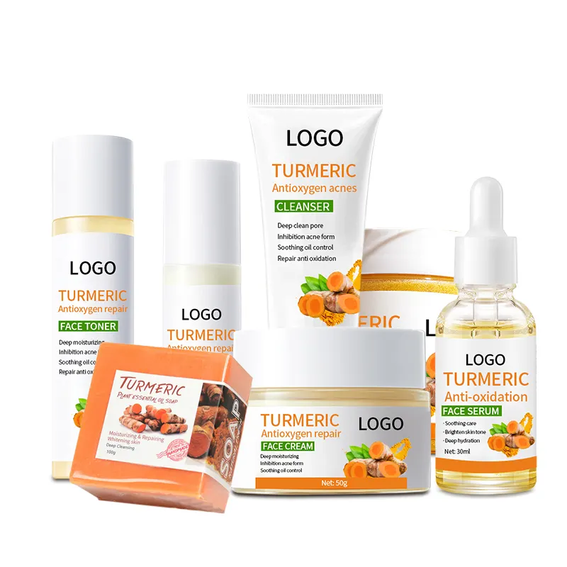Suero de vitamina C de etiqueta privada, productos faciales antienvejecimiento, blanqueamiento, cuidado de la piel, conjunto de cuidado de la piel de cúrcuma antiacné