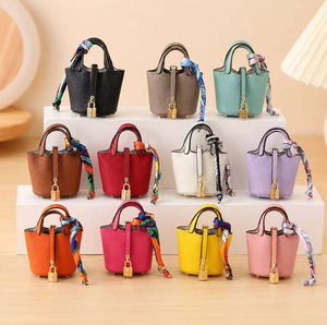 Luxury H-Style Mini Bucket Bag Charm, PU Leather Earphone Pouch & Coin Purse with Silk <b>Scarf</b>, Cute Keychain for Women - Product Image 1