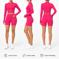 Ensemble de yoga et de sport 2 pièces personnalisé pour femme : veste courte zippée à manches longues avec trous pour les pouces et short cycliste taille haute