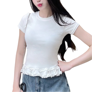 Camiseta de Mujer de Lona Informal, Transpirable, a la Moda, Nueva de Primavera, de Corte Regular, con Cuello Redondo y Encaje, al por Mayor - Product Image 2