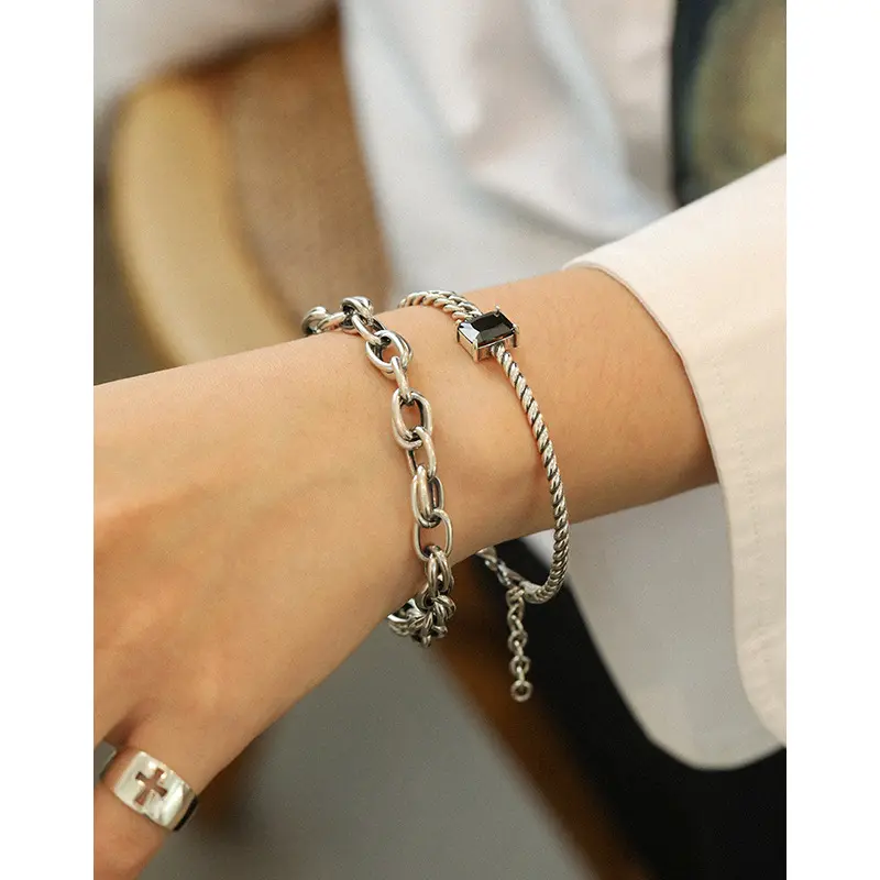 New Design Hot Koop Cubaanse Link Chain Crystal Bangle Armband Temperament Mannen 925 Sterling Zilveren Vierkante Zwarte Kristal Armband