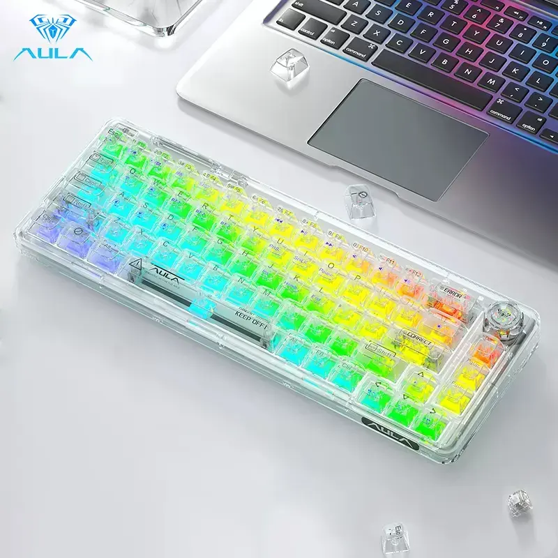 AULA F68 60% Compact Transparent Wireless Mechanical Keyboard RGB Backlit BT Wired Gaming Keyboard for Laptop PC IOS MAC