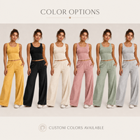 Ensemble deux pièces vintage pour femme en jersey de coton, avec haut ajusté jaune sans manches et pantalon large, personnalisable avec votre marque privée