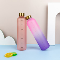 Botella de agua de plástico esmerilado de 1000ml sin BPA, logotipo personalizado, 32oz, marcador de tiempo de bebida deportiva para gimnasio para viajes al aire libre, PC de silicona Dual
