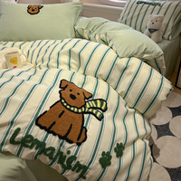 Parure de lit brodée en polyester avec housse de couette et drap, motif dessin animé, 4 pièces, pour toutes les saisons