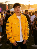 Nouvelle veste en jean jaune pour homme, style streetwear, avec patchwork graphique, bords effilochés, effet usé, veste de camionneur, vêtements d'extérieur pour homme