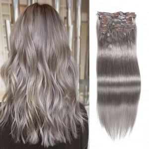 Vente en gros d'usine, extensions de cheveux humains à clips, personnalisées, bouclées/ondulées, soyeuses, droites, 150 grammes, lot de 7 pièces, double trame, couleur gris - Product Image 1