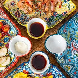Plato bohemio para dumplings con plato para vinagre, plato de cerámica para el hogar, plato de desayuno segmentado, plato de alta gama específico para dumplings - Product Image 2