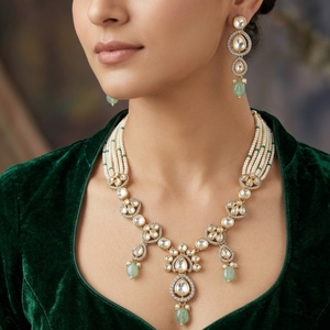 Traditional Pearl 925 Silver Kundan <b>Necklace</b> Set Gold Bridal Jewelry with Earrings Diamond Accents for Women Wedding Jewelry - Product Image 5