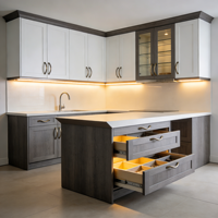 Armoire de cuisine moderne et simple en bois massif blanc avec éclairage LED et îlot incurvé, personnalisable pour cuisines modernes