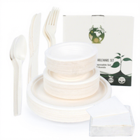 Ensemble de vaisselle jetable écologique en bagasse sans BPA, compostable et biodégradable, comprenant fourchettes, couteaux, cuillères et gobelets, pour mariages et fêtes