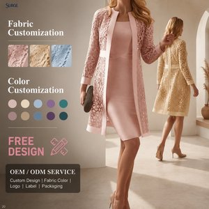 Conjunto de 2 Piezas: Cárdigan Largo de Manga Larga con Frente Abierto y Encaje de Poliéster y Algodón Rosa Sólido para Mujer, Cuello Redondo, Largo hasta la Rodilla - Product Image 1