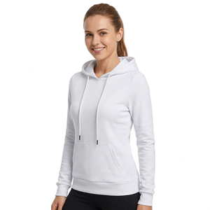 <b>Women</b> Hooded Sweatshirt Full Sleeve Solid <b>White</b> Knitted Cotton Breathable Autumn Style with Pockets - Product Image 3