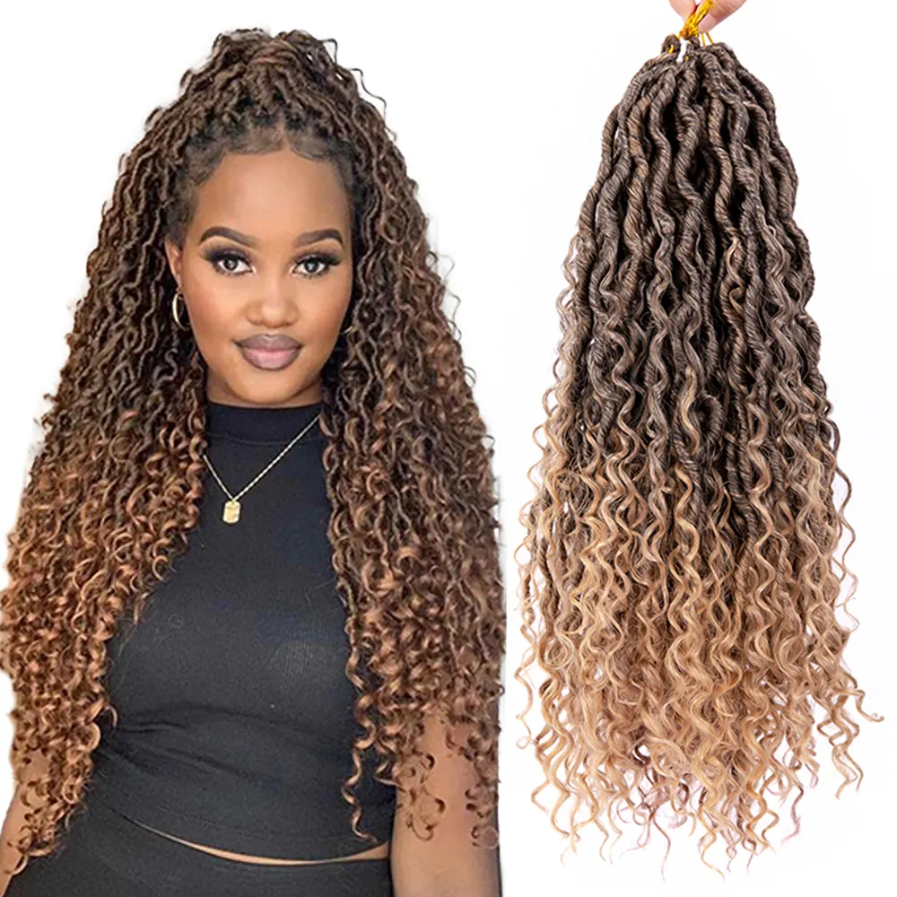 Alileader 14 18 Inch Ombre Synthetic Bohemian Curly River Goddess Faux Locs Crochet Braid Boho River Locs Crochet Hair Extension