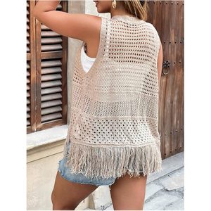 Cárdigan sin mangas con flecos estilo bohemio para mujer FOXA, chaleco de punto calado con frente abierto, prenda exterior transpirable - Product Image 2