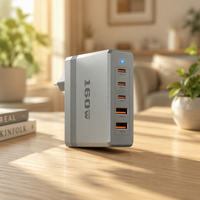 Chargeur rapide GaN 160W en gros, adaptateur secteur 5 sorties USB-C USB-A, prise UE, charge simultanée de plusieurs appareils pour ordinateurs portables et téléphones