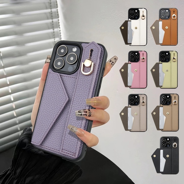 PU Leather Street Fashion Phone Case with Wristband Card Holder Phone Grip for 16 Series Luxury Designer Customized Logo