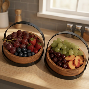 Tazón Redondo de Madera para Servir con Asa de Metal, para Frutas, Aperitivos, Frutos Secos, Nueces, Entradas y Decoración de Mesa - Product Image 3