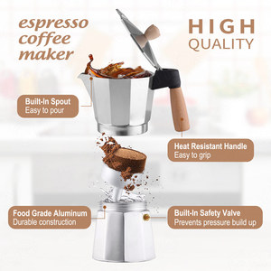 Mini Machine à expresso de voyage, cafetière <span class=keywords><strong>italienne</strong></span> Portable sur cuisinière, cuisinière en aluminium, cafetière Moka à 6 tasses avec poignée en bois - Product Image 5
