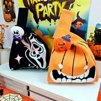 Tas Hadiah Halloween Baru, Souvenir Pesta Trick-or-Treat, Tas Permen Rajut Polyester Lipat Motif Seram dengan Bros