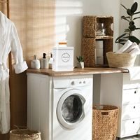 Conteneur de lessive pour l'organisation et le rangement de la buanderie, support blanc pour dosettes, distributeur de perles de lessive