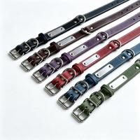 Collar Ajustable de Cuero Genuino para Mascotas con Placa de Identificación Grabada en Acero Inoxidable, Collar para Perro y Gato, Multicolor