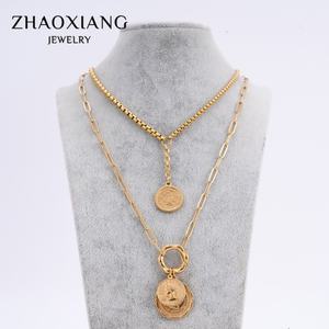 Colliers ras du cou multi-couches pour femmes, accessoires de bijoux en acier inoxydable, pendentifs en forme de pièce de monnaie - Product Image 3