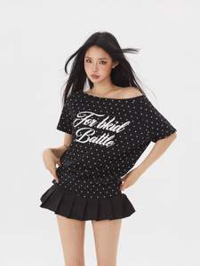 T-Shirt Corta da Donna Stile Retrò Americano con Spalle Scoperte, Maniche Corte e Motivo <span class=keywords><strong>a</strong></span> <span class=keywords><strong>Pois</strong></span> - Product Image 2