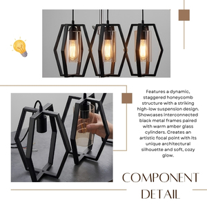 Luminaire suspendu nid d'abeille à 3 lumières, abat-jour en verre ambré décalé pour îlot de cuisine - Product Image 3
