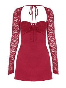 Graziosi passi in pizzo a <span class=keywords><strong>maniche</strong></span> <span class=keywords><strong>lunghe</strong></span> <span class=keywords><strong>vestito</strong></span> Sexy senza schienale da donna Slim Fit busto - Product Image 4