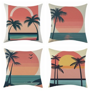 Funda de cojín cuadrada con diseño de palmera y puesta de sol en la playa, lavable, decoración para sala de estar - Product Image 1