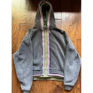 Nueva Sudadera con Capucha para Hombre, Estilo Urbano, Oversize, de Algodón 100% de Color Liso, con Lavado Ácido, Lisa, con Cremallera de Tres Capas, Corte Cuadrado y Corto, Estilo Vintage - Product Image 2